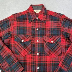 Woolrich Shacket Mens Medium Red Plaid Wool Board Shirt Flap Pockets Button Up - Picture 1 of 9
