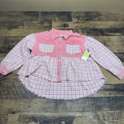 Amy Adie & Co. Plaid Corduroy Shacket Frayed Hem Long Sleeve Pink Medium READ - Image 1 of 4