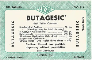 Label-BUTAGESIC,Laser Inc,Crown Point,IL-tablets.Pill,medicine.ProductsOverTime - Picture 1 of 2