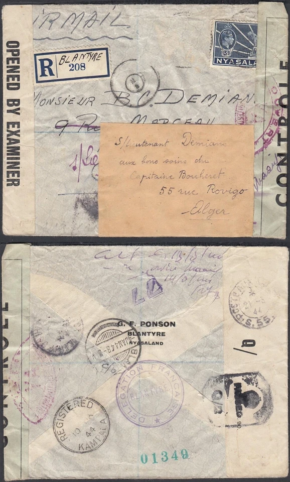 Nyassaland 1938 - Colonia de Gran Bretaña - Cubierta registrada a Argel.(EB) AR-08196 Foto 1 de 1