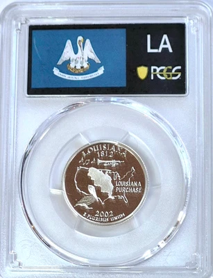 2002-S SILVER 90% Louisiana State Quarter PCGS PR69 DCAM State Flag Holder 25C - Image 1 of 2