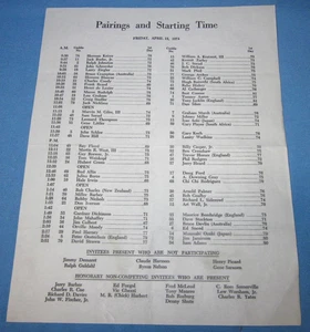 Emparejamientos y hoja de hora de inicio ~ Torneo de golf Masters ~ viernes 12 de abril de 1974 - Imagen 1 de 3
