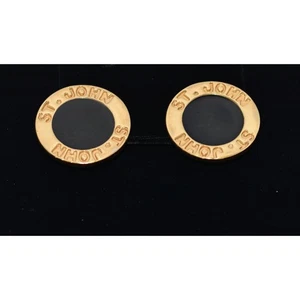 St. John Designer Signature Logo Black & Gold Enamel Clip Earrings 1.5" - Picture 1 of 9