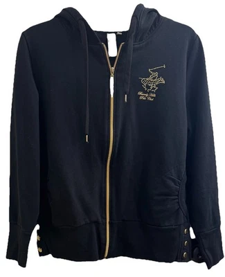 Y2K Beverly Hills Polo Club talla (L) cremallera completa sudadera con capucha negra logotipo dorado y bolsillos Foto 1 de 4