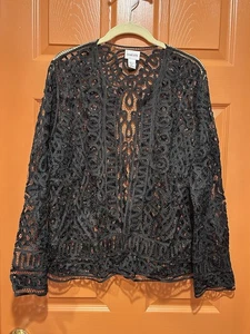 Chico's Women’s Black Lace Jacket Open Front Size 1 / Medium SO CUTE EUC! - Picture 1 of 6