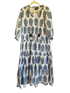 Madison Mathews Blue White Long Sleeve Tiered Maxi Dress Small Cotton Boho - Picture 1 of 4