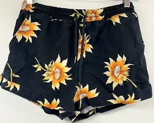 Forever 21 Junior's Size M Canvas Cotton Drawstring Shorts Black w/Sunflowers - Picture 1 of 8