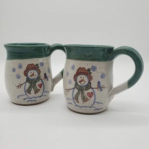 Set OF 2 Handmade Stoneware Snowmen Coffee Cup Mugs Signed On The Bottom - Picture 1 of 10