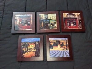 Cafe Bar Restaurant Ceramic Tile Wood Framed Decor Hanging 5 Pieces - Picture 1 of 7