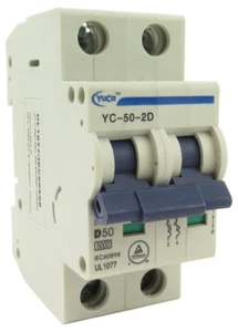 YuCo YC-50-2D Miniature Din Rail Circuit Breaker D-Curve 50-Amp 2P 480VAC 220VDC - Picture 1 of 6