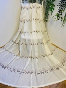 Cream Mink Brown Embroidered Patterned Voile Tab Top Pair Curtains Each 59Wx90D - Picture 1 of 12