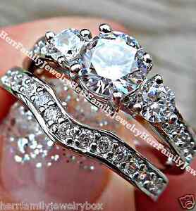 Sterling Silver White Gold Round cut CZ Engagement Ring Wedding Band Set Women's