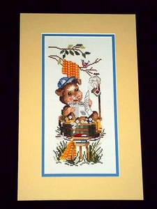 Finished / Complete Counted Cross Stitch Happy Pig Matted 15" x 9.5" - Picture 1 of 10