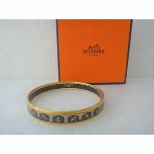 HERMES Bangle Bracelet Email Instruments Black Enamel Gold RIm with Box