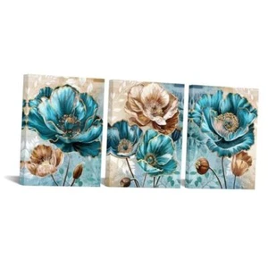Teal and Brown Wall Decor Turquoise Flower Canvas Art Painting Modern Small - Picture 1 of 7