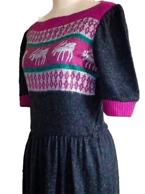 VTG 70s Fit Flare Reindeer Print Boatneck Princess Sleeves Acrylic Knit Dress M - Image 1 of 4