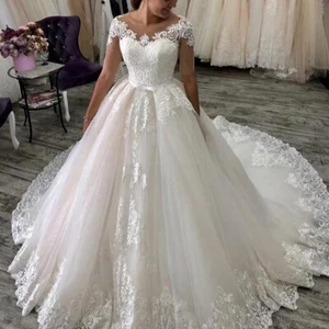 Half Sleeve Bridal Wedding Gown Lace Wedding Dress Ball Gown Custom-made Size UK - Picture 1 of 4