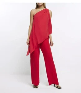 RIVER ISLAND WOMENS DRAPED RED ONE SHOULDER WIDE LEG JUMPSUIT SIZE 8 NWT - Picture 1 of 4