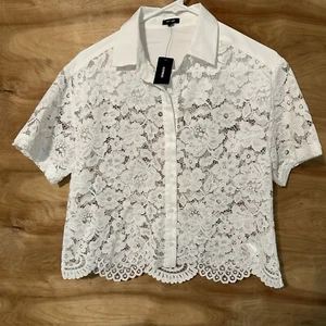 NWT express Woman XS Lace Short Sleeve Button Up Shirt White Floral - Picture 1 of 8