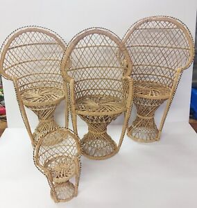 Boho Rattan Mini Peacock Fan Back Doll Chairs Plant Stands Wicker