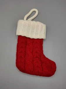 Christmas Stocking Cable Knit mini miniature RED and WHITE yarn  8" - Picture 1 of 3