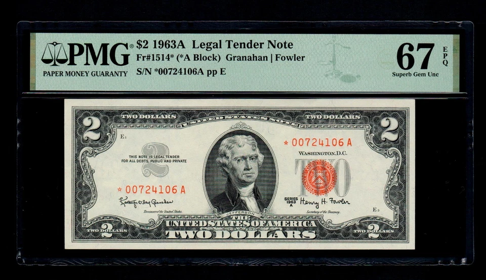 1963-A $2 Legal Tender Note STAR PMG GEM UNC 67 PPQ - Image 1 of 2