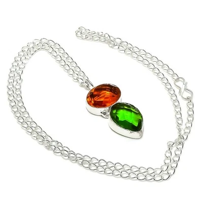 Collana In Argento Sterling 925 Fatta A Mano Con Gemme Di Peridoto E Citrino 18" - Immagine 1 di 4