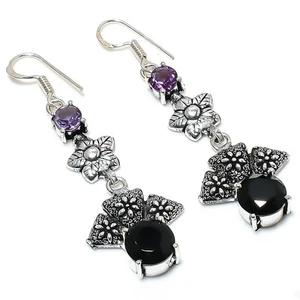 Black Spinel, Amethyst Gemstone 925 Sterling Silver Jewelry Earring 2.40" - Picture 1 of 5