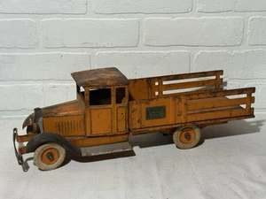 Kingsbury Toys 349 Stake Truck Orange 1927 Pressed Steel Windup Keene NH Orig - Picture 1 of 24