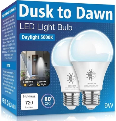 2 Pack Dusk to Dawn Light Bulbs Outdoor, 5000K-Daylight, 720LM, 2 Pack, 5000k  - Image 1 of 4