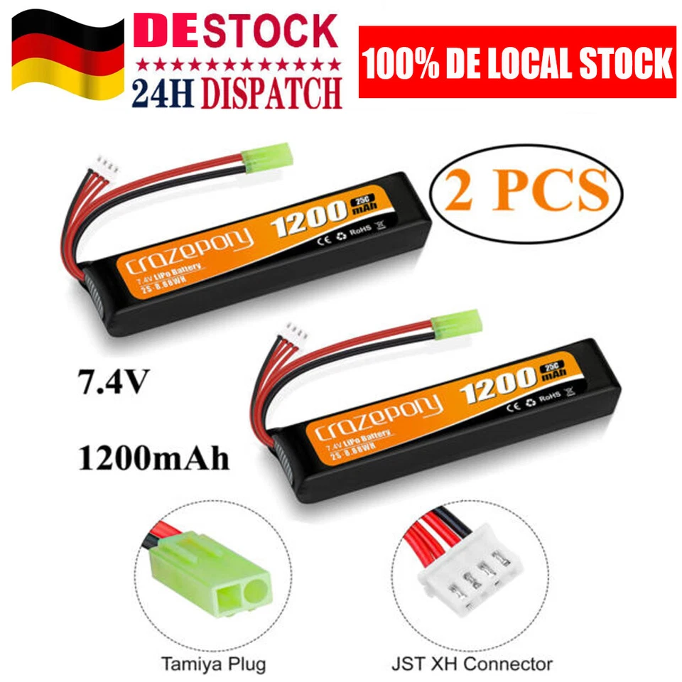 CRAZEPONY 7,4V 1200mAh LiPo Batterie 25C mit Mini-Tamiya-Stecker für Airsoft Guns Gewehr