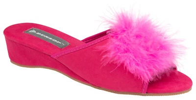 Senhoras Mulheres Wedge Sapatilhas Pom Pom Fur Boá Penas Mule Camurça sintética - Imagem 1 de 4