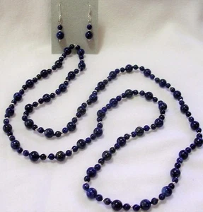 SET COLLANA E ORECCHINI 30" ANNODATI A MANO LAPISLAZZULI PIETRE PREZIOSE PERLINE - Foto 1 di 3