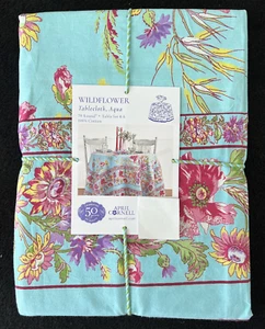 APRIL CORNELL - WILDFLOWER COTTON TABLECLOTH - AQUA PINK GREEN - 70" ROUND - NEW - Picture 1 of 3
