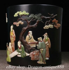 11.2" Old Chinese Ebony Wood Carving Character Story Brush Pot Pencil Vase - Picture 1 of 9