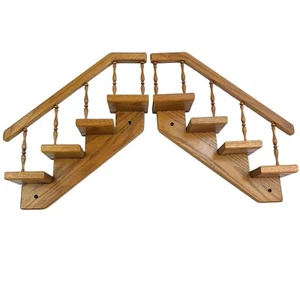 Vintage Oak Wood Stair Step Staircase Wall Shelf Pair Shelves Set 2 Knick Knacks - Picture 1 of 24