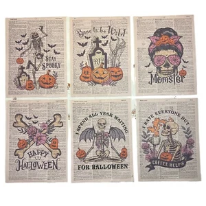 Wörterbuchdrucke Skelett Thema Halloween Kunstdrucke Set (6) Wandkunst Konvolut-2 - Bild 1 von 7