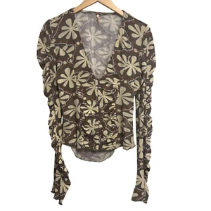 Free People Floral Print Mesh Top Ruched Bell Sleeves BOHO hippie M Medium - Picture 1 of 11