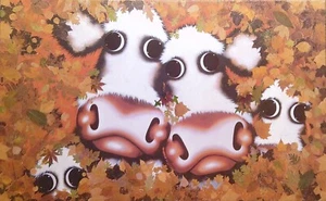 CAROLINE SHOTTON ~ MOO COWS IN AUTUMNAL LEAVES ~ LTD EDITION GICLEE ON CANVAS - Picture 1 of 4