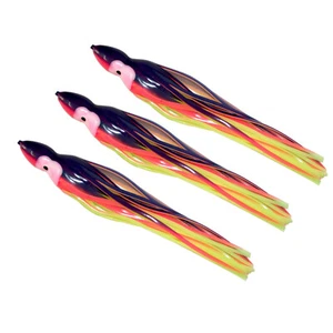 5.5" to 8.5" Octopus Hoochie Squid Skirt - Purple & Yellow with Orange - 3 Pack - Picture 1 of 5