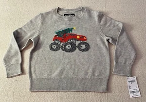 NWT Oshkosh B'gosh Boys 3T Gray Crew Sweater Red Monster Truck w/Christmas Tree - Picture 1 of 6