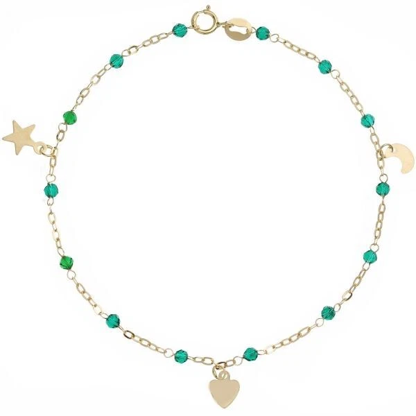 Браслет с подвеской в виде сердца, луны и звезд желтое золото 18 карат с зелеными шпинелями - Изображение 1 из 1