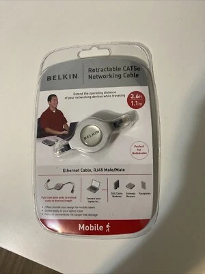 NEW BELKIN RETRACTABLE CAT5E PATCH CABLE - 3.6 FT - SILVER TRAVEL ETHERNET - Image 1 of 2