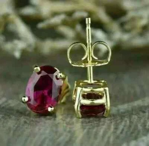 2Ct Oval Cut Lab-Created Red Ruby Women Stud Gift Earring 14K Yellow Gold Plated - Picture 1 of 6