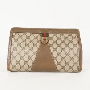 GUCCI Vintage Sherry Line GG Web PVC Canvas Leather Brown Clutch Bag XY69 - Picture 1 of 15