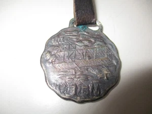 Antique Watch Fob with Early Bi-Plane Airplane Scene - Picture 1 of 5