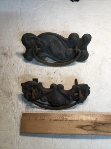 2 different ANTIQUE Brass DRAWER PULLS  VICTORIAN DROP HANDLE 3” centers - Picture 1 of 4