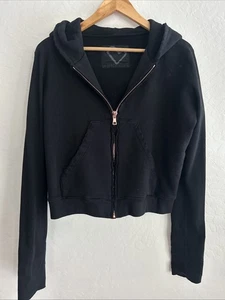 Frank & Eileen Tee Lab Full Zip Black Cropped Distressed Hoodie Rose Gold Zip M - Picture 1 of 7