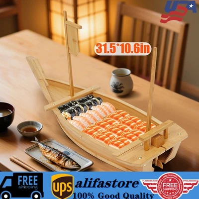 Serving Sushi Boat Tray Platter 31.5" Wooden Bamboo Nautical Decor Food Display - Image 1 of 4