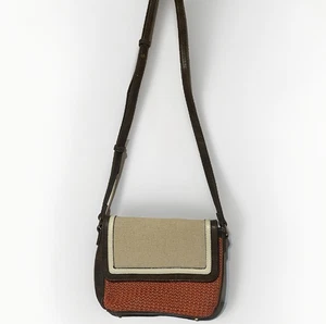 Celine Dion Crossbody Purse Shoulder Bag Cream Rust Woven Leather Canvas 10" - Picture 1 of 8